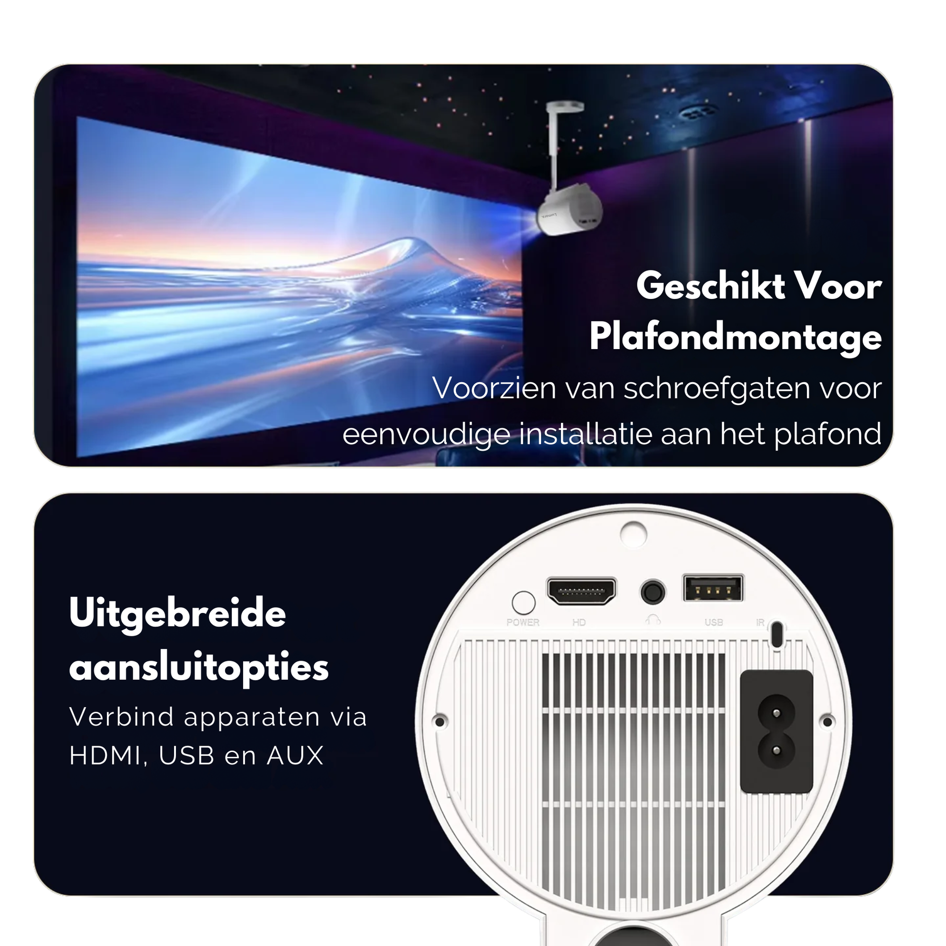 Overzicht van de achterkant van de Lumora beamer met uitgebreide aansluitopties zoals HDMI en USB, inclusief een illustratie van montage aan het plafond.