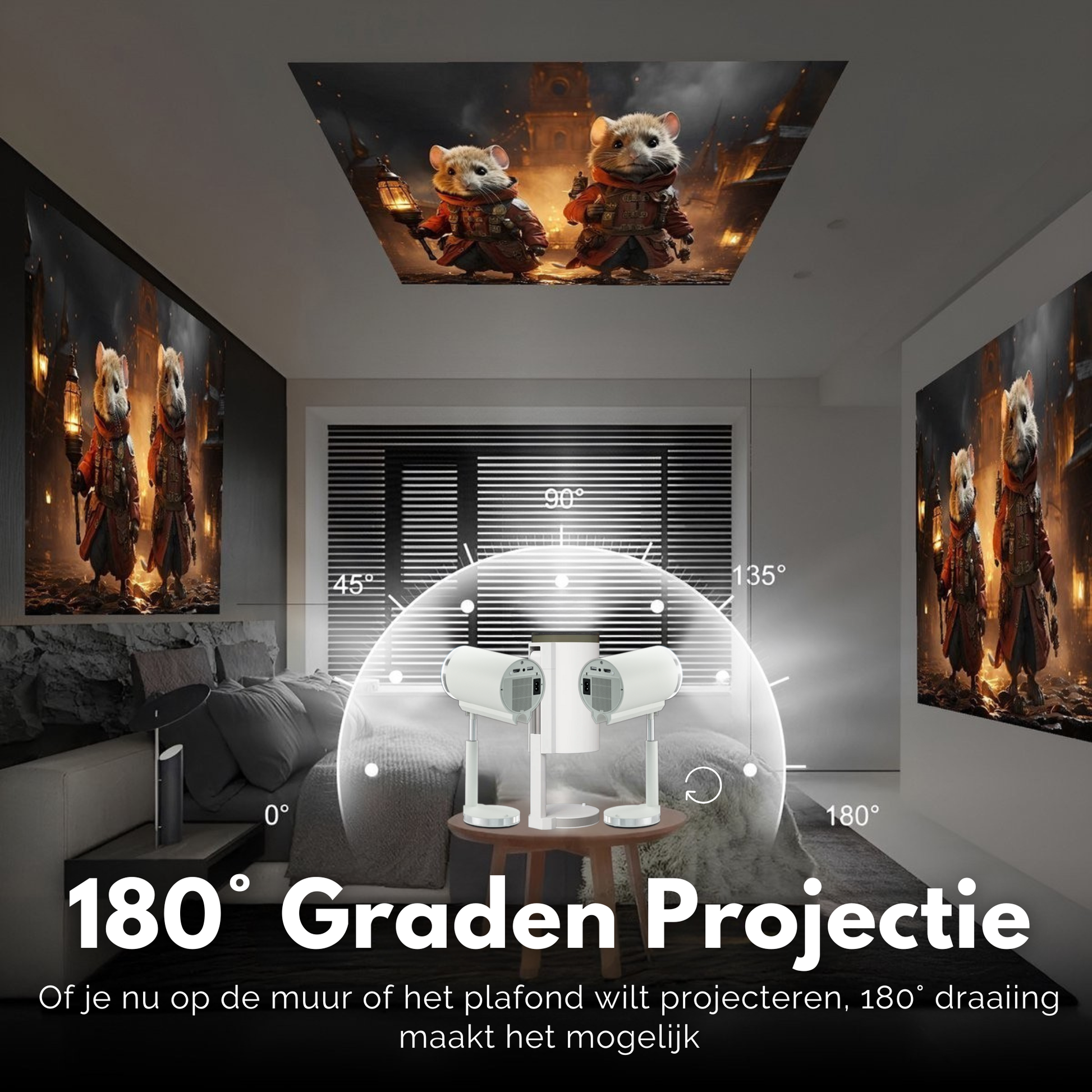 De Lumora beamer projecteert haarscherpe beelden moeiteloos op de muur of het plafond in de slaapkamer dankzij de flexibele 180 graden draaihoek.