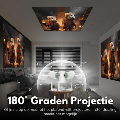 De Lumora beamer projecteert haarscherpe beelden moeiteloos op de muur of het plafond in de slaapkamer dankzij de flexibele 180 graden draaihoek.