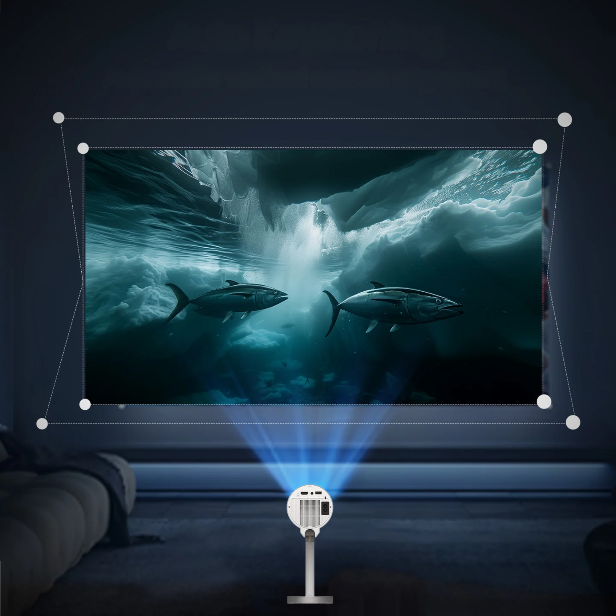 De automatische beeldcorrectie (keystone) van de Lumora beamer trekt een schuin geprojecteerd beeld direct recht zonder vervorming.