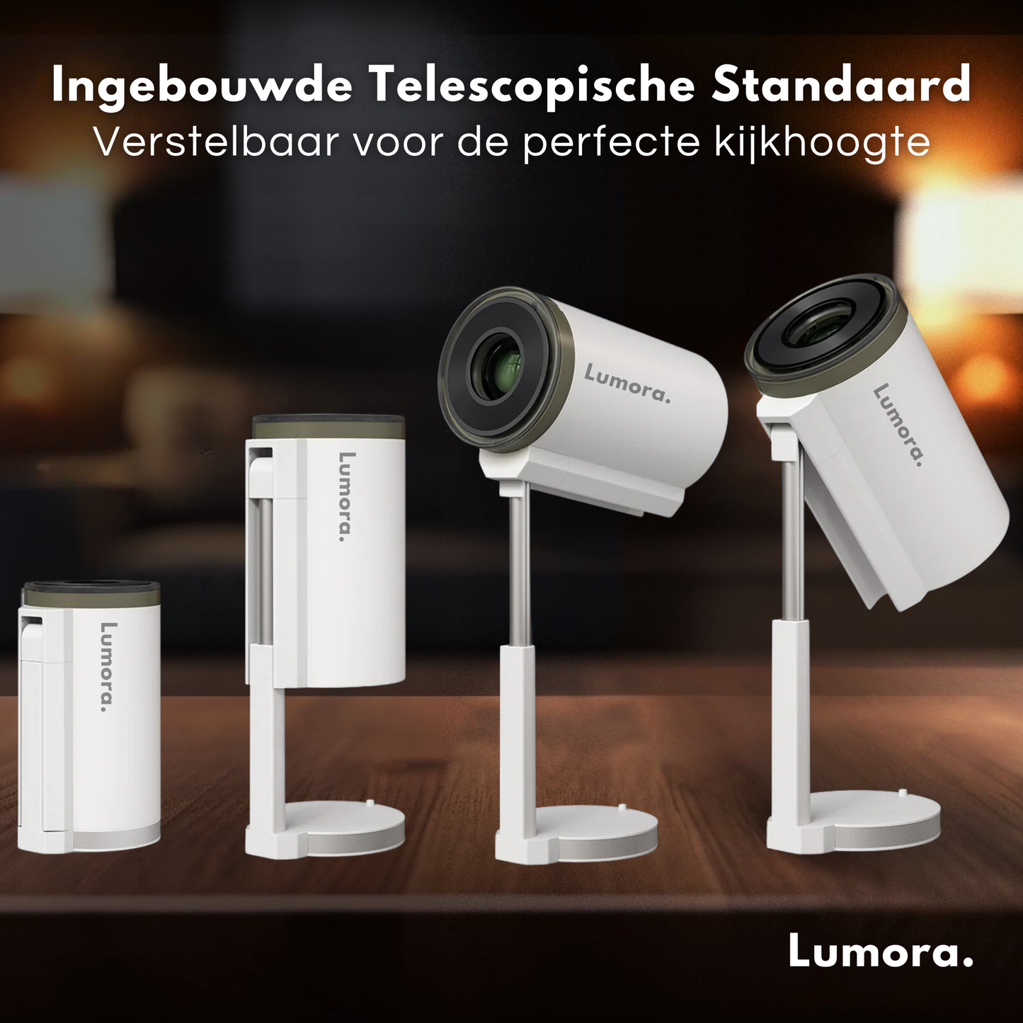 De Lumora beamer weergegeven in vier verschillende standen dankzij de in hoogte en hoek verstelbare telescopische standaard voor de perfecte kijkhoogte.