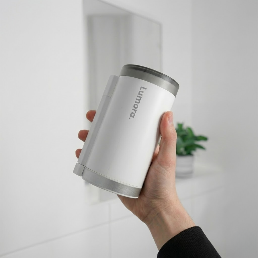 De compacte Lumora Pro mini beamer wordt in één hand vastgehouden, perfect als draagbare projector voor een thuisbioscoop.