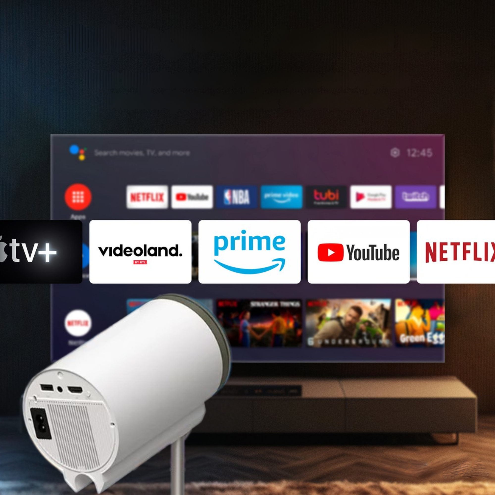 De Lumora beamer toont een overzicht van ingebouwde streaming apps zoals Netflix, Videoland, Prime Video en YouTube.