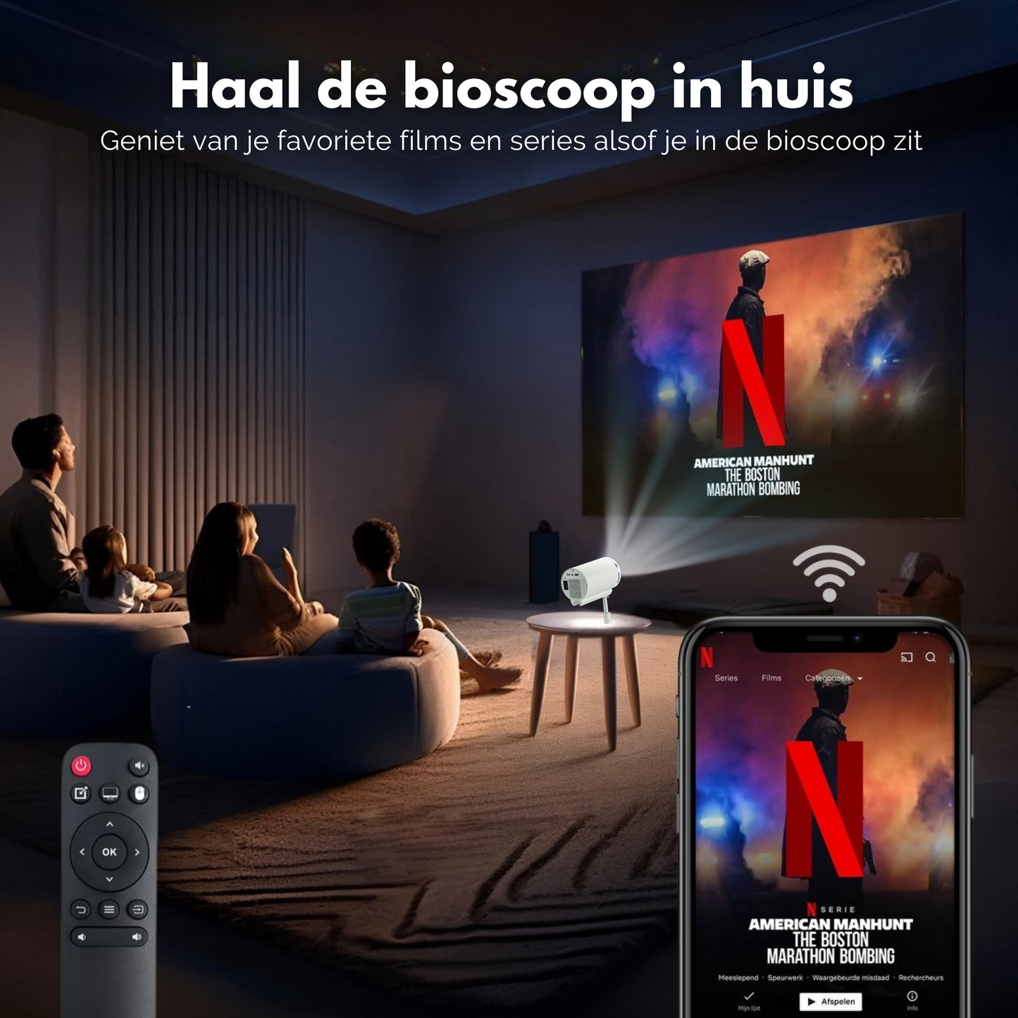 Een gezin geniet van een filmavond in hun eigen thuisbioscoop, geprojecteerd door de Lumora beamer, bedienbaar via smartphone en afstandsbediening.