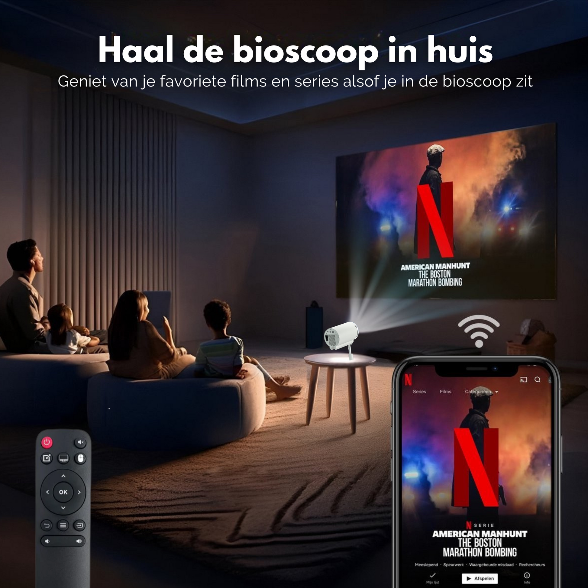 Een gezin geniet van een filmavond in hun eigen thuisbioscoop, geprojecteerd door de Lumora beamer, bedienbaar via smartphone en afstandsbediening.