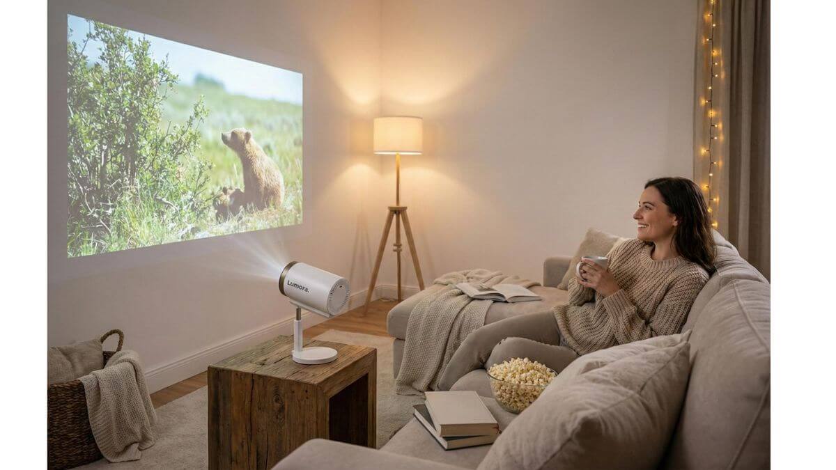 Een vrouw zit ontspannen op de bank met popcorn en geniet van een natuurdocumentaire in haar eigen thuisbioscoop met de Lumora beamer.